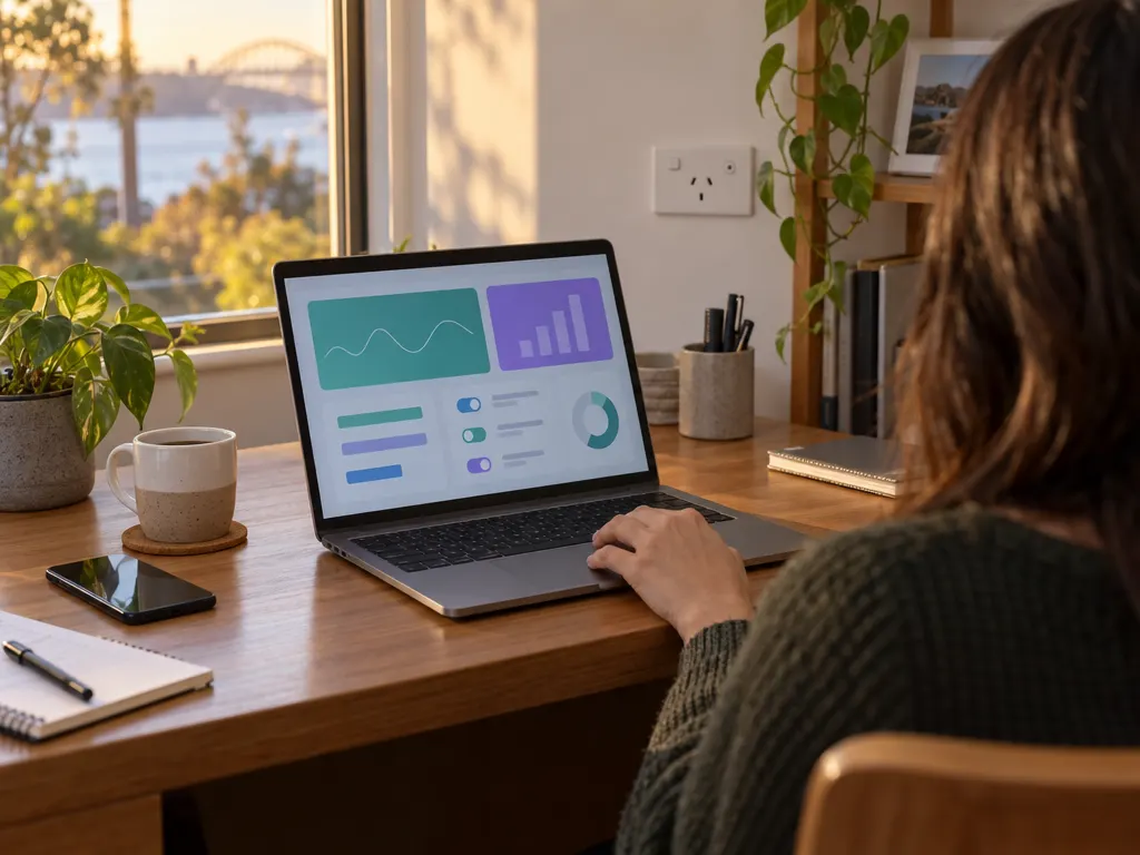 A small-business back office in an Australian home or shop: a laptop open on a timber desk beside a coffee mug and a mobile phone, an Australian three-pin power point on the wall behind, late afternoon light through a window.